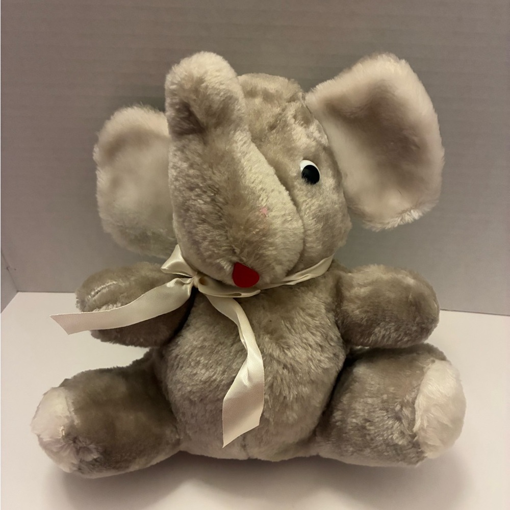 10” Grey Elephant Vintage Plush Stuffed Animal with Grey Bow